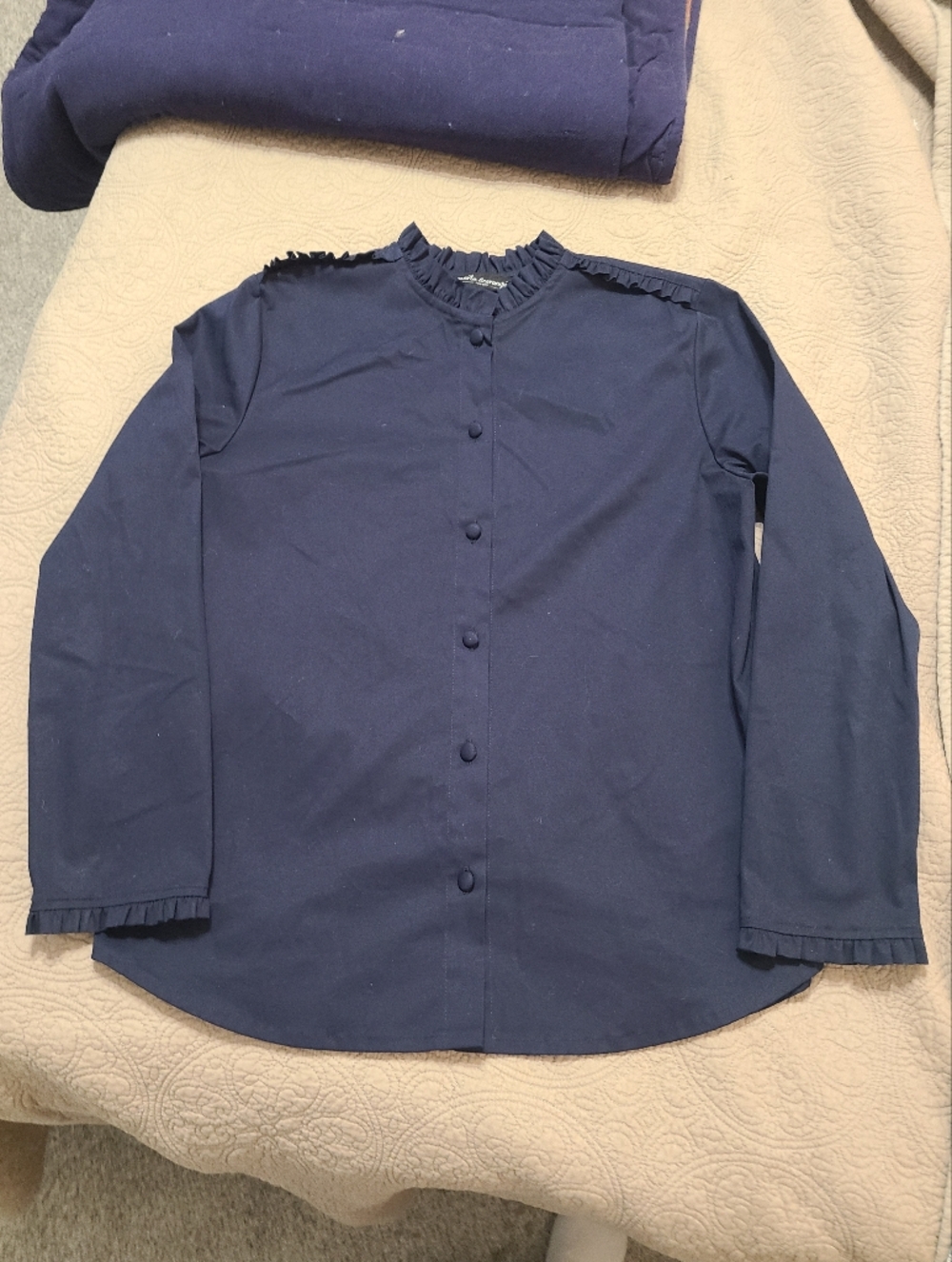 Marta Scarampi Navy Ruffled Band Collar Button Down Shirt Size 14